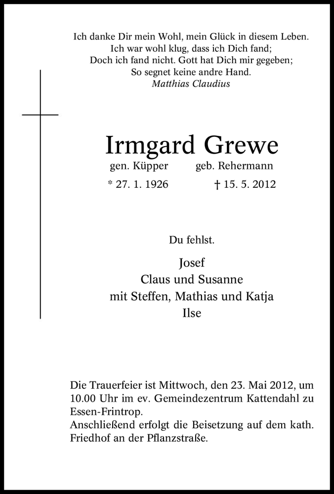 Traueranzeigen Von Irmgard Grewe Trauer In Nrw De