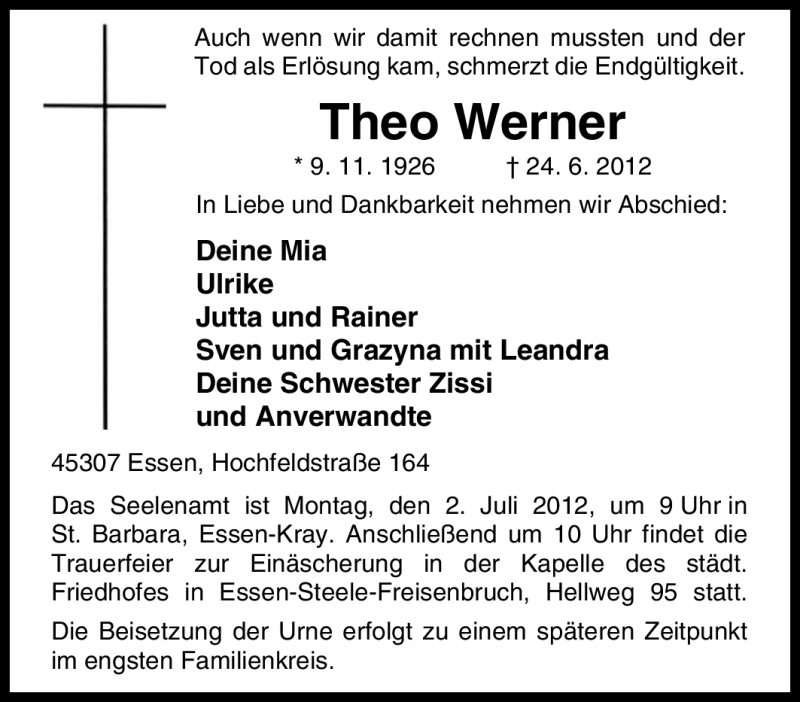 Traueranzeigen Von Theo Werner Trauer In Nrw De