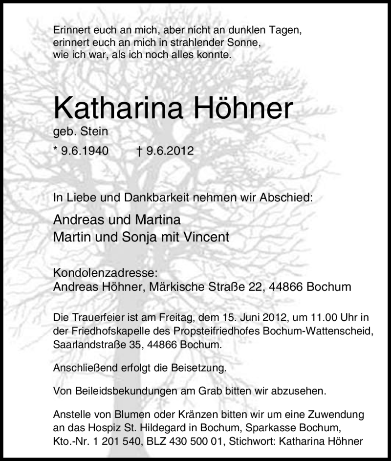 Traueranzeigen Von Katharina H Hner Trauer In Nrw De