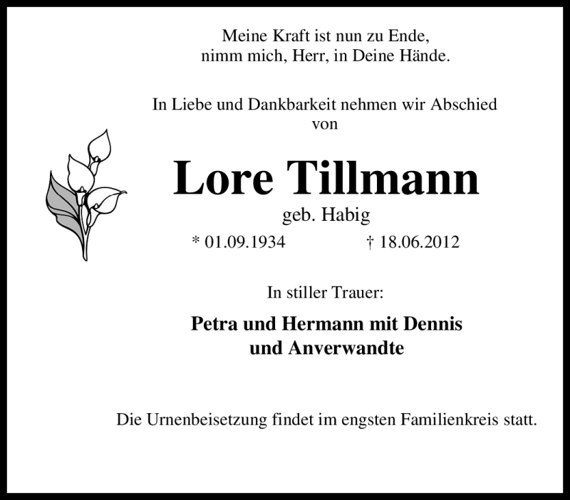 Traueranzeigen Von Lore Tillmann Trauer In NRW De