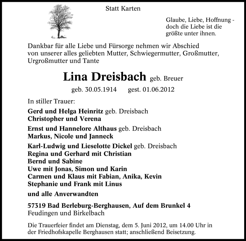 Traueranzeigen Von Lina Dreisbach Trauer In Nrw De