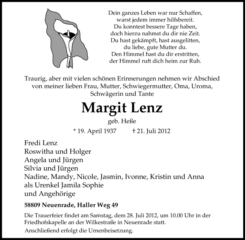 Traueranzeigen Von Margit Lenz Trauer In NRW De