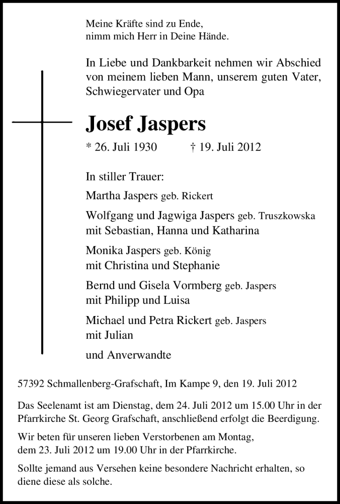 Traueranzeigen Von Josef Jaspers Trauer In NRW De