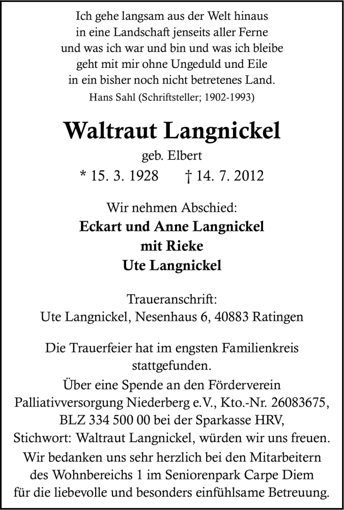 Traueranzeigen Von Waltraut Langnickel Trauer In NRW De