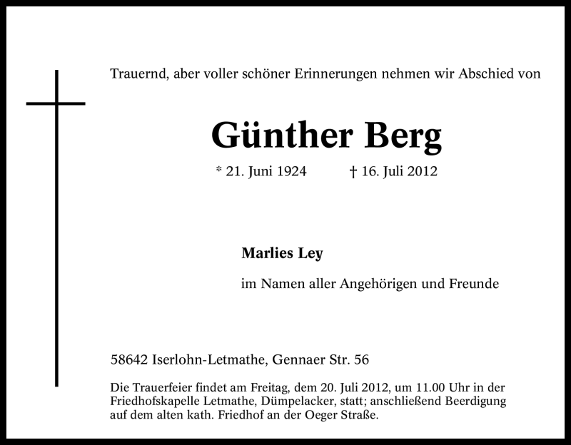 Traueranzeigen von Günther Berg Trauer in NRW de