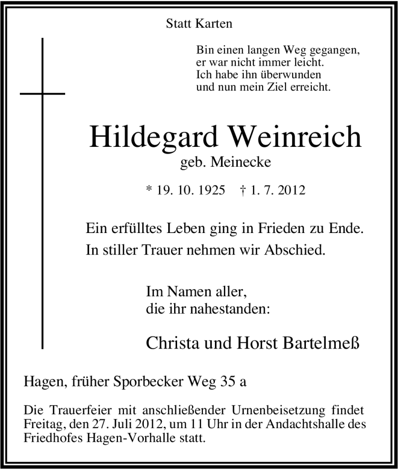 Traueranzeigen Von Hildegard Weinreich Trauer In NRW De