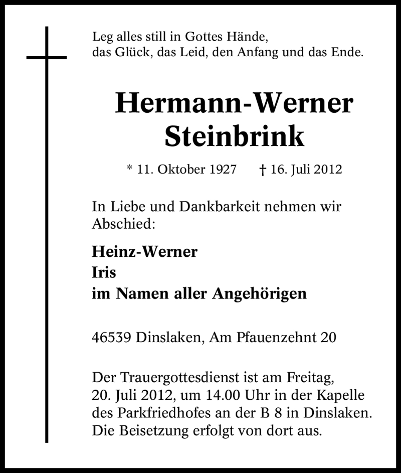 Traueranzeigen Von Hermann Werner Steinbrink Trauer In Nrw De