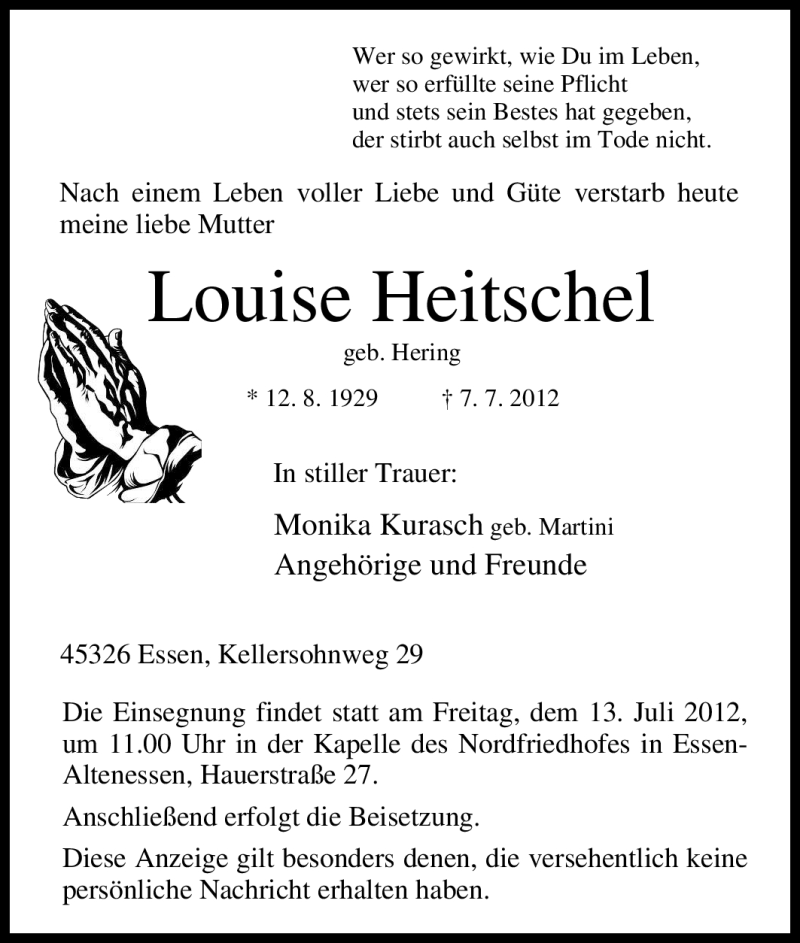 Traueranzeigen Von Louise Heitschel Trauer In NRW De