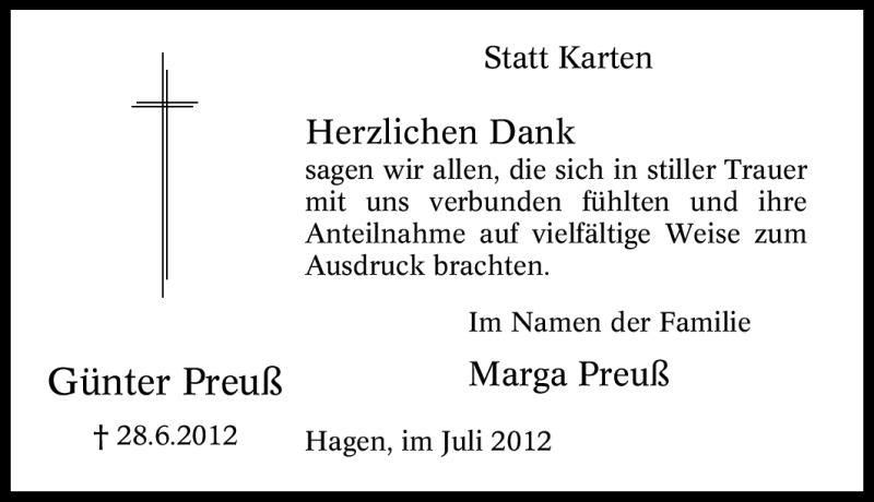 Traueranzeigen Von G Nter Preu Trauer In Nrw De