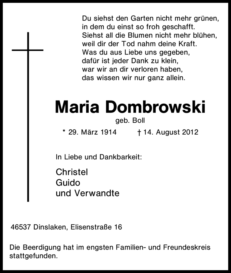 Traueranzeigen Von Maria Dombrowski Trauer In Nrw De