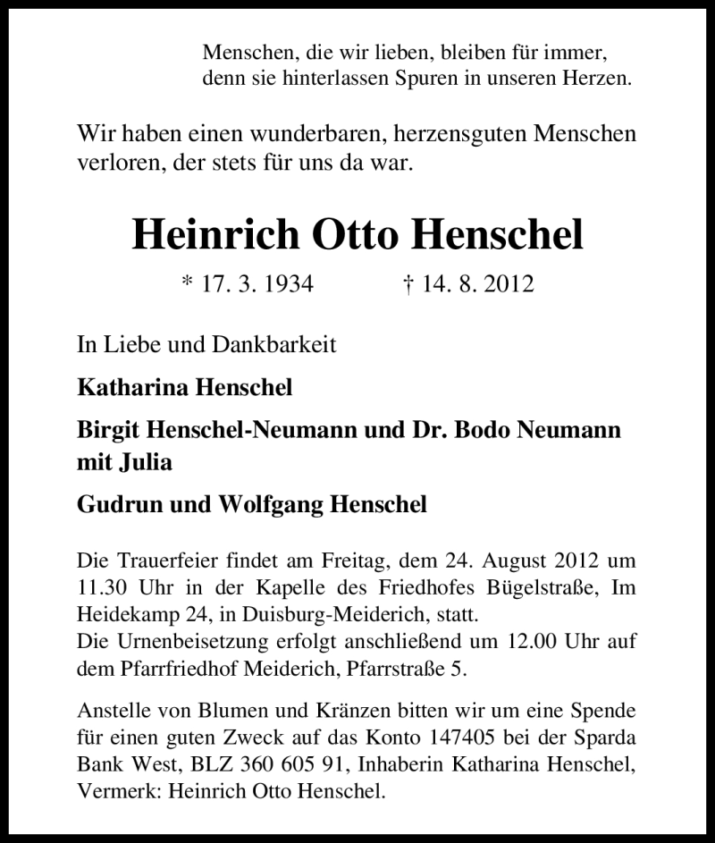 Traueranzeigen Von Heinrich Otto Henschel Trauer In NRW De