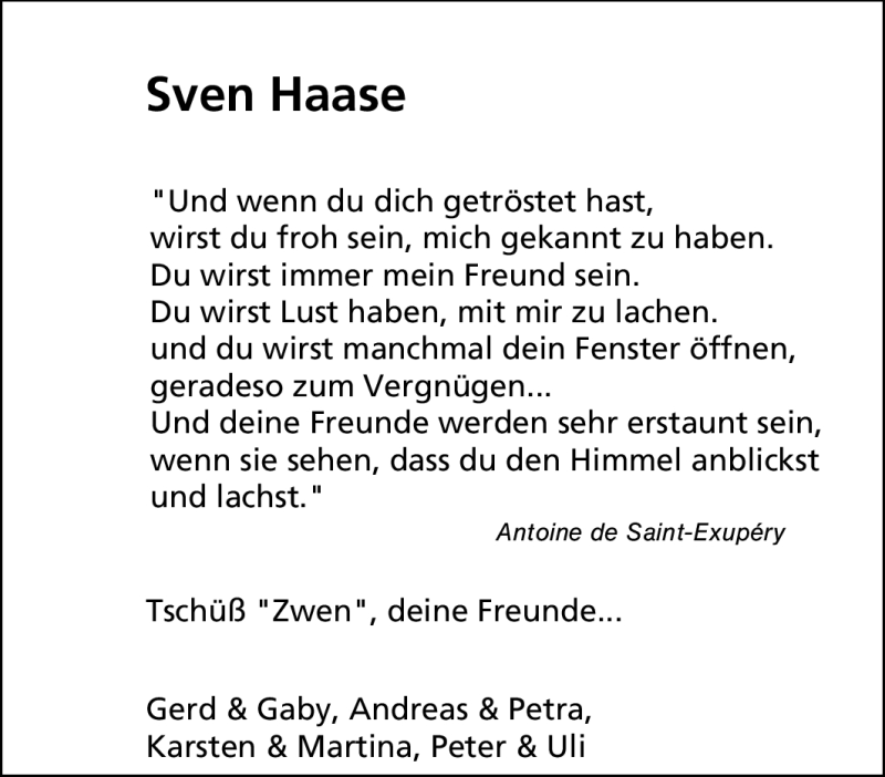 Traueranzeigen Von Sven Haase Trauer In Nrw De