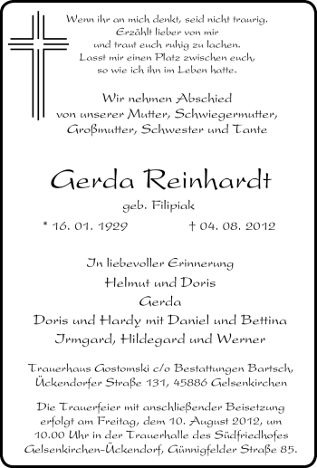 Traueranzeigen Von Gerda Reinhardt Trauer In NRW De