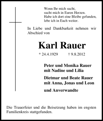 Traueranzeigen Von Karl Rauer Trauer In Nrw De