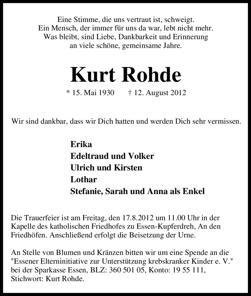 Traueranzeigen Von Kurt Rohde Trauer In NRW De