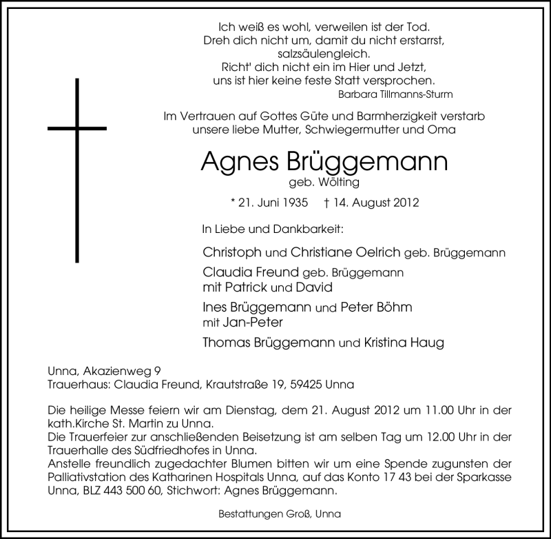 Traueranzeigen von Agnes Brüggemann Trauer in NRW de