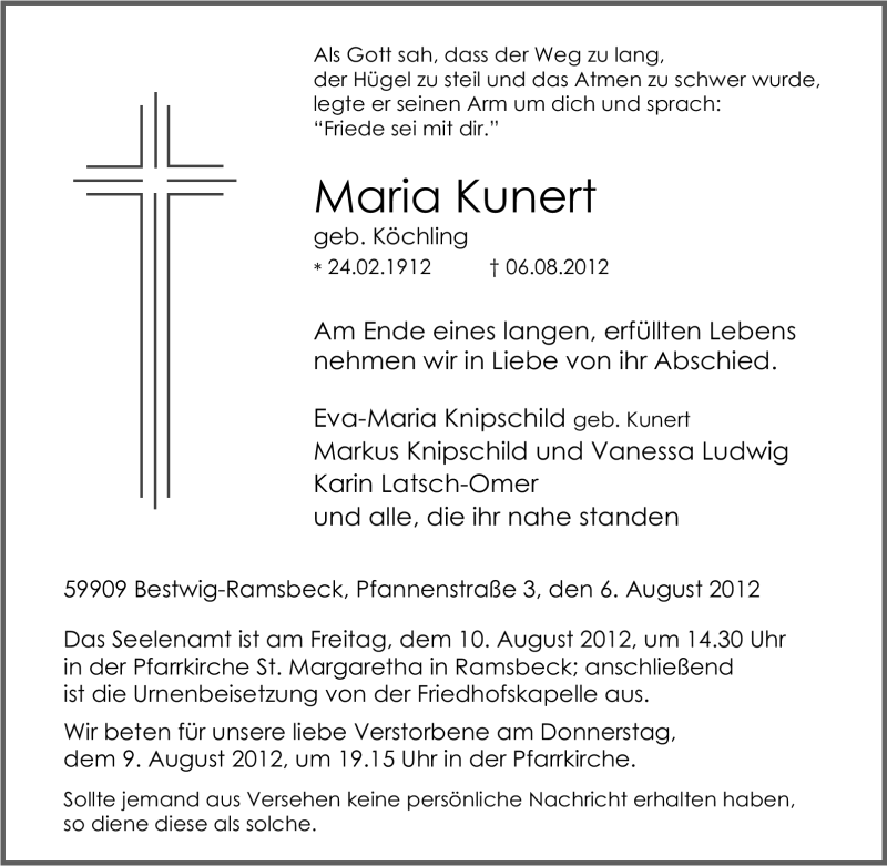 Traueranzeigen Von Maria Kunert Trauer In Nrw De