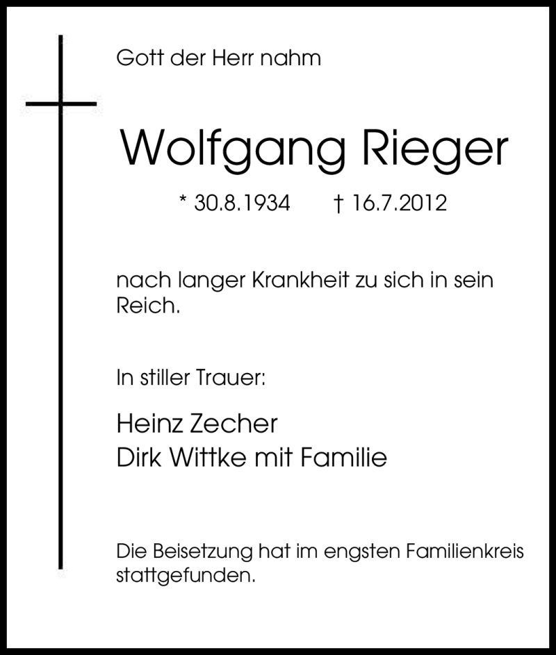 Traueranzeigen Von Wolfgang Rieger Trauer In NRW De