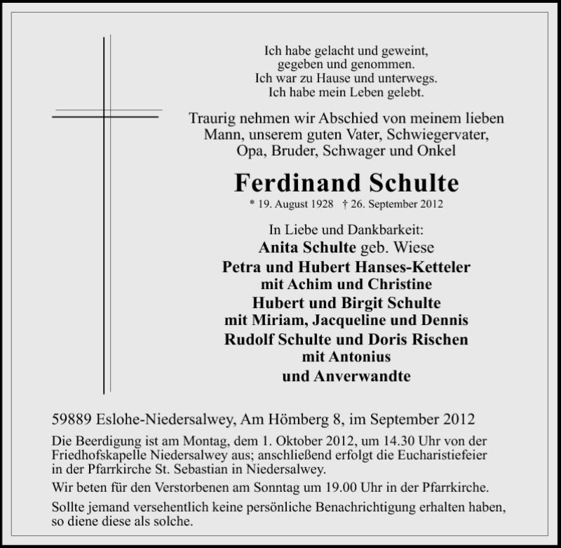 Traueranzeigen Von Ferdinand Schulte Trauer In NRW De