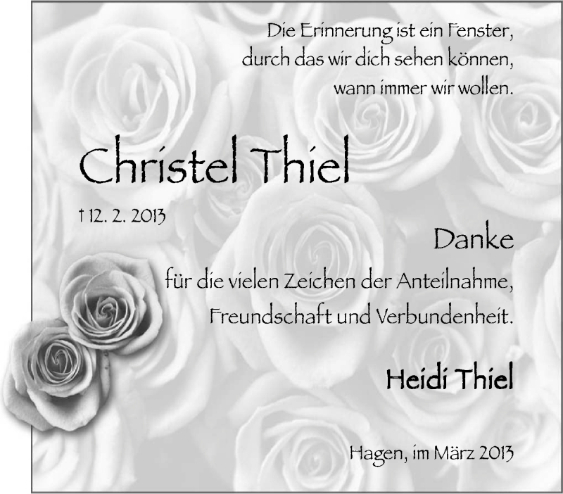 Traueranzeigen Von Christel Thiel Trauer In Nrw De