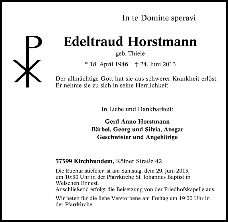 Traueranzeigen Von Edeltraud Horstmann Trauer In NRW De