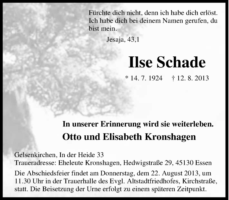 Traueranzeigen Von Ilse Schade Trauer In Nrw De