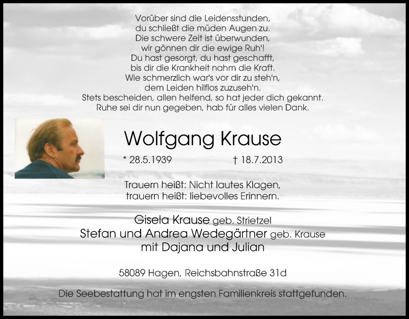 Traueranzeigen Von Wolfgang Krause Trauer In Nrw De