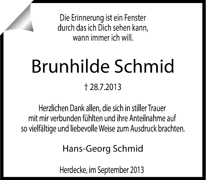 Traueranzeigen Von Brunhilde Schmid Trauer In NRW De