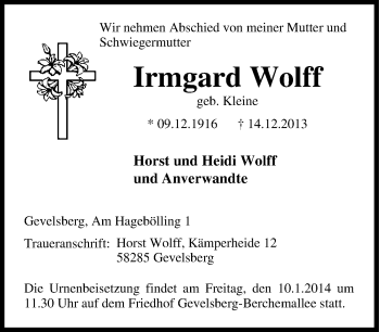 Traueranzeigen Von Irmgard Wolff Trauer In NRW De