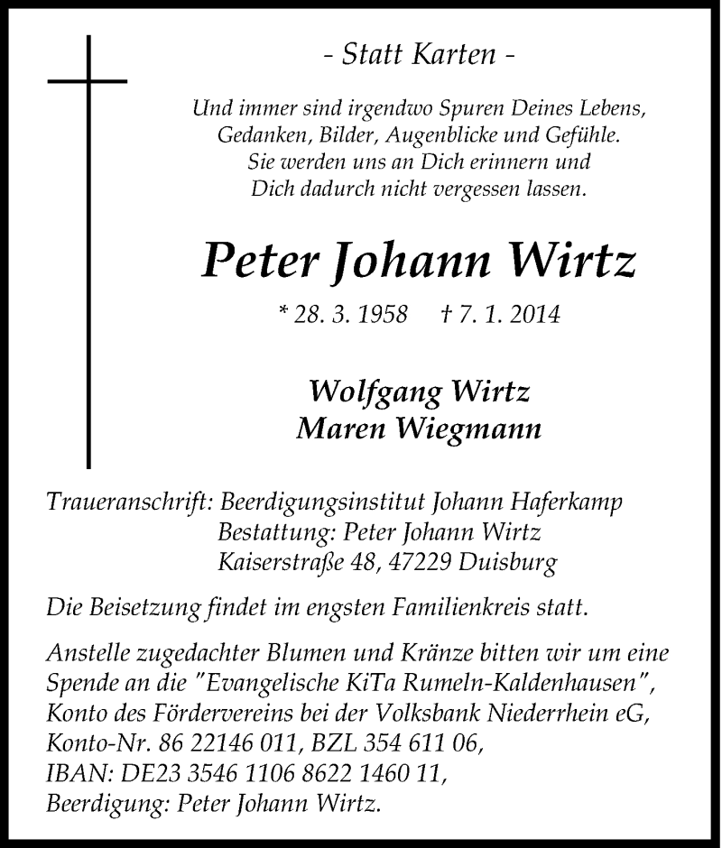 Traueranzeigen Von Peter Johann Wirtz Trauer In Nrw De