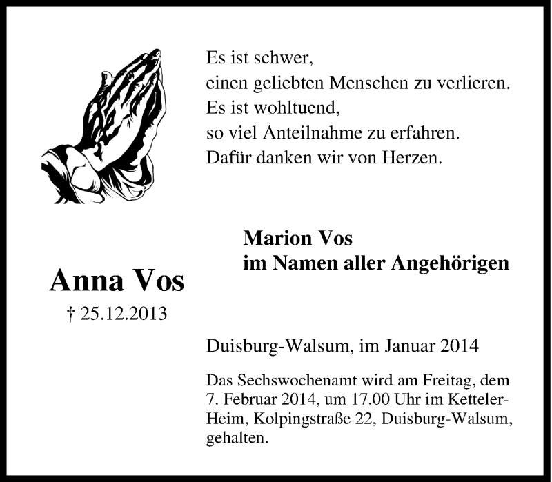 Traueranzeigen Von Anna Vos Trauer In NRW De