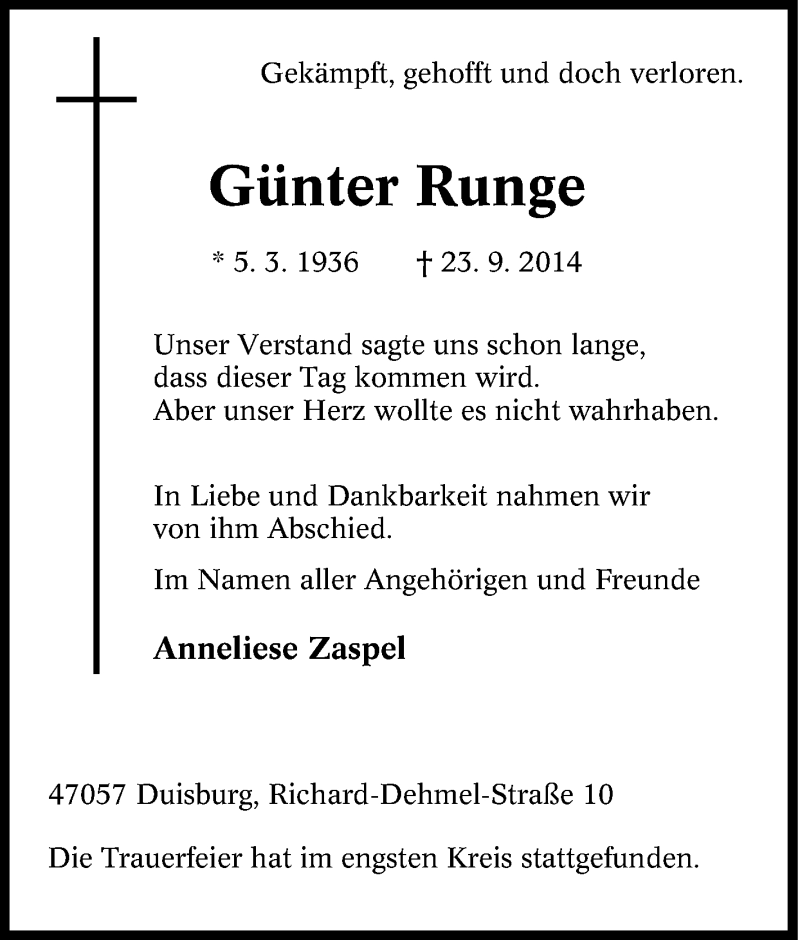 Traueranzeigen von Günter Runge Trauer in NRW de