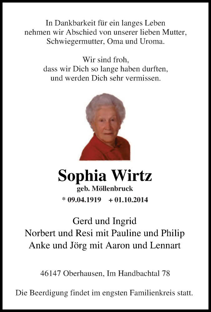 Traueranzeigen Von Sophia Wirtz Trauer In Nrw De