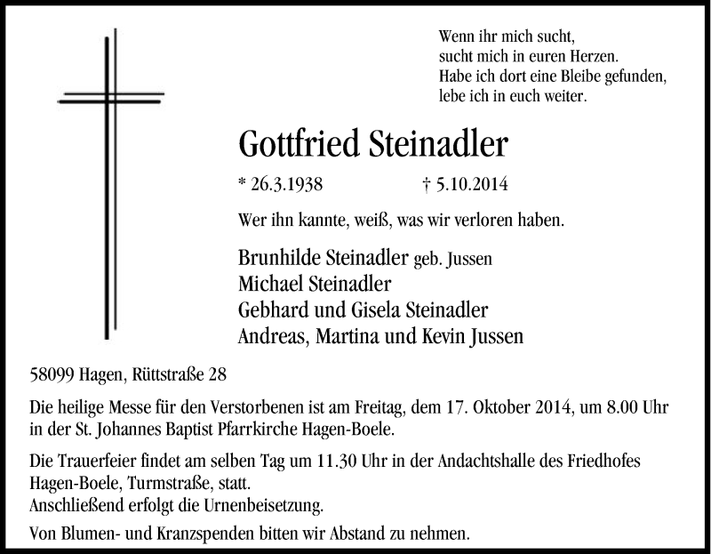 Traueranzeigen Von Gottfried Steinadler Trauer In Nrw De