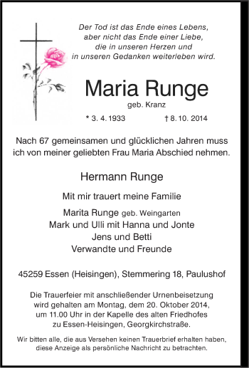 Traueranzeigen Von Maria Runge Trauer In NRW De