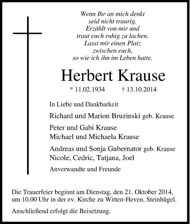 Traueranzeigen Von Herbert Krause Trauer In Nrw De