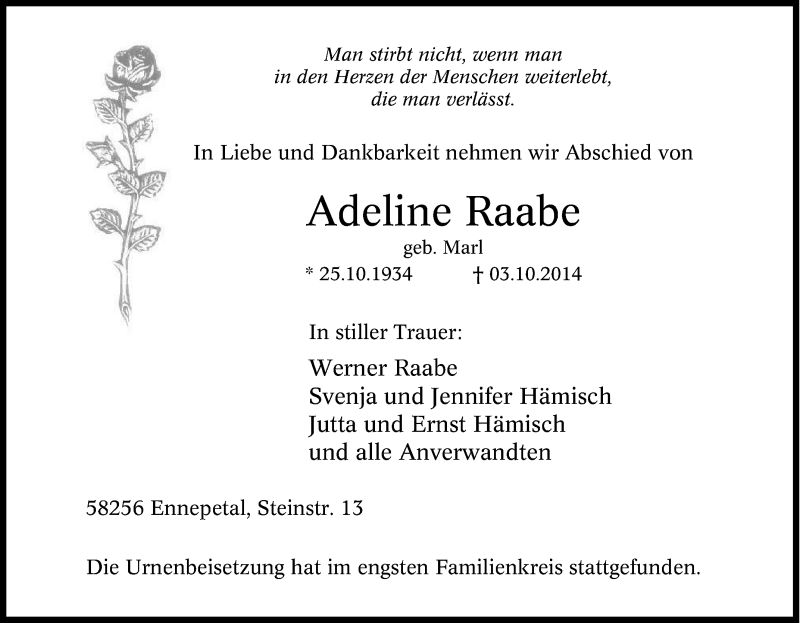 Traueranzeigen Von Adeline Raabe Trauer In Nrw De