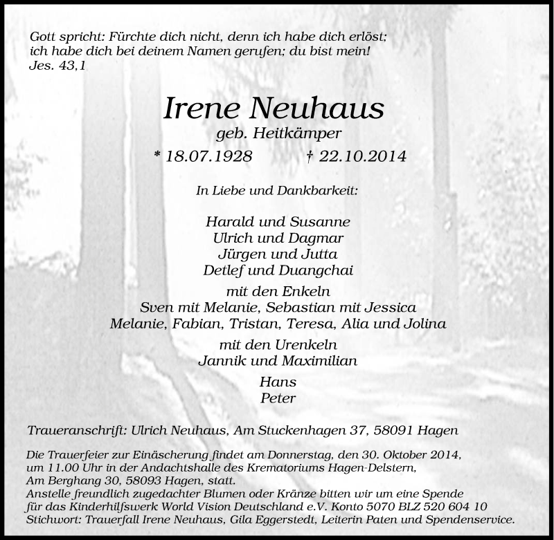 Traueranzeigen Von Irene Neuhaus Trauer In NRW De