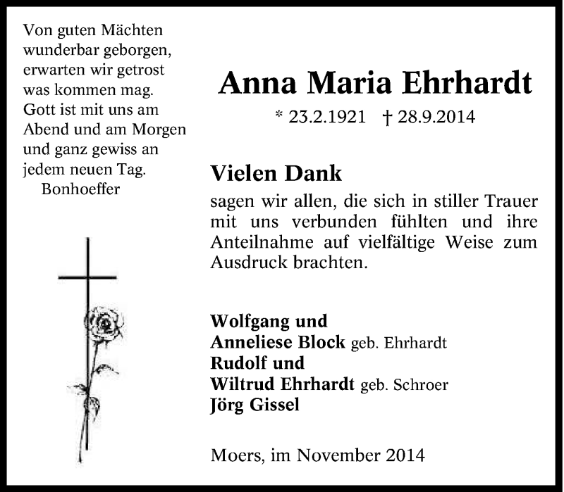 Traueranzeigen Von Anna Maria Ehrhardt Trauer In NRW De