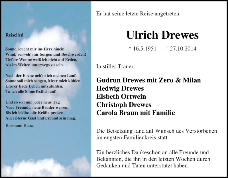 Traueranzeigen Von Ulrich Drewes Trauer In NRW De