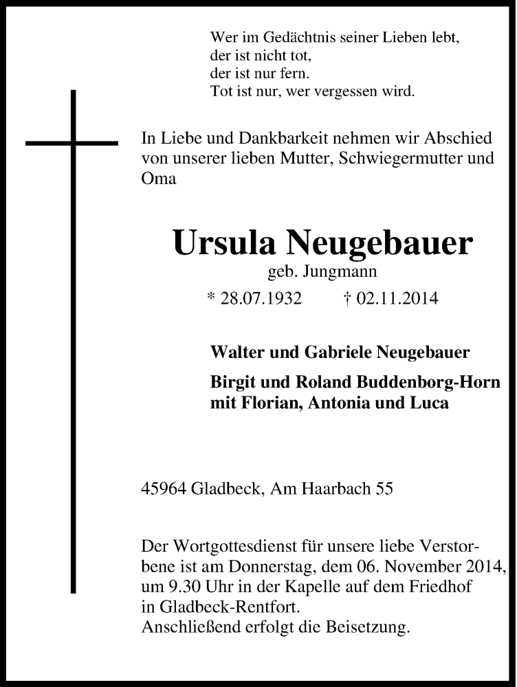 Traueranzeigen Von Ursula Neugebauer Trauer In NRW De