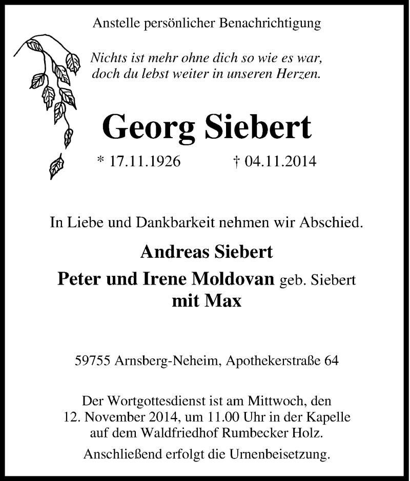Traueranzeigen Von Georg Siebert Trauer In Nrw De