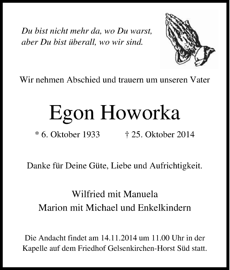 Traueranzeigen Von Egon Howorka Trauer In Nrw De