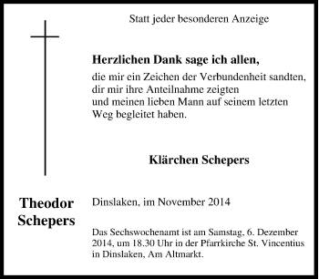 Traueranzeigen Von Theodor Schepers Trauer In Nrw De