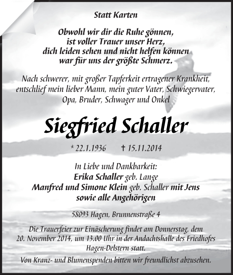 Traueranzeigen Von Siegfried Schaller Trauer In Nrw De