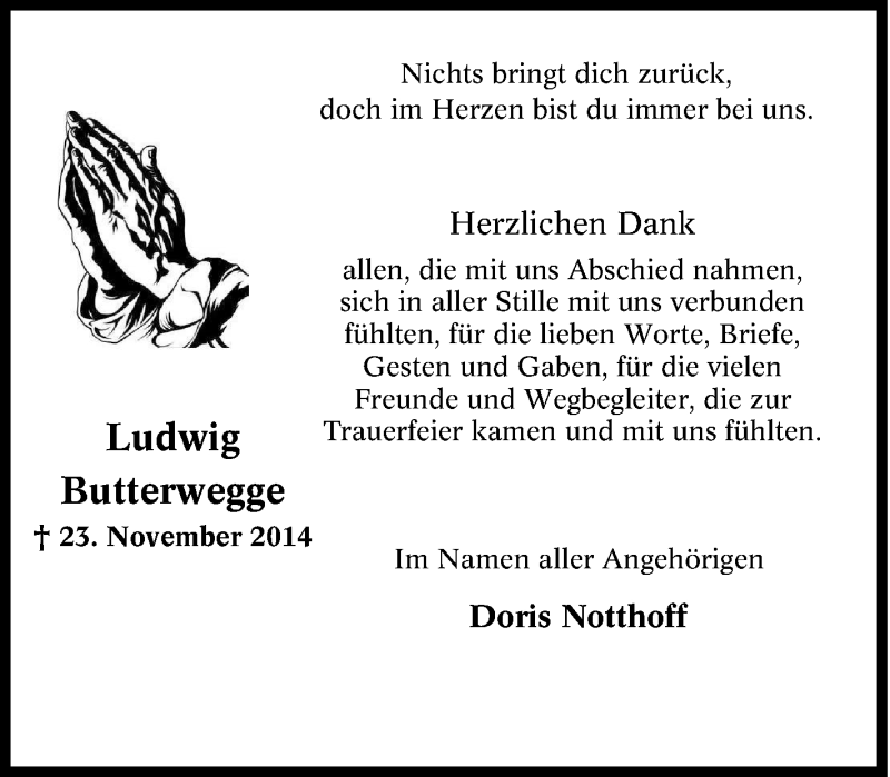 Traueranzeigen Von Ludwig Lutz Butterwegge Trauer In Nrw De