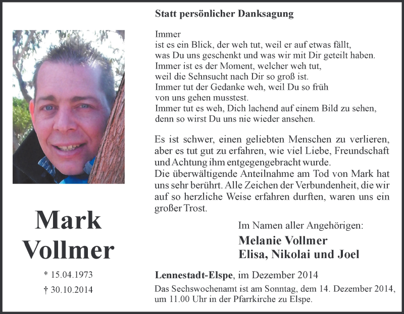 Traueranzeigen Von Mark Vollmer Trauer In NRW De