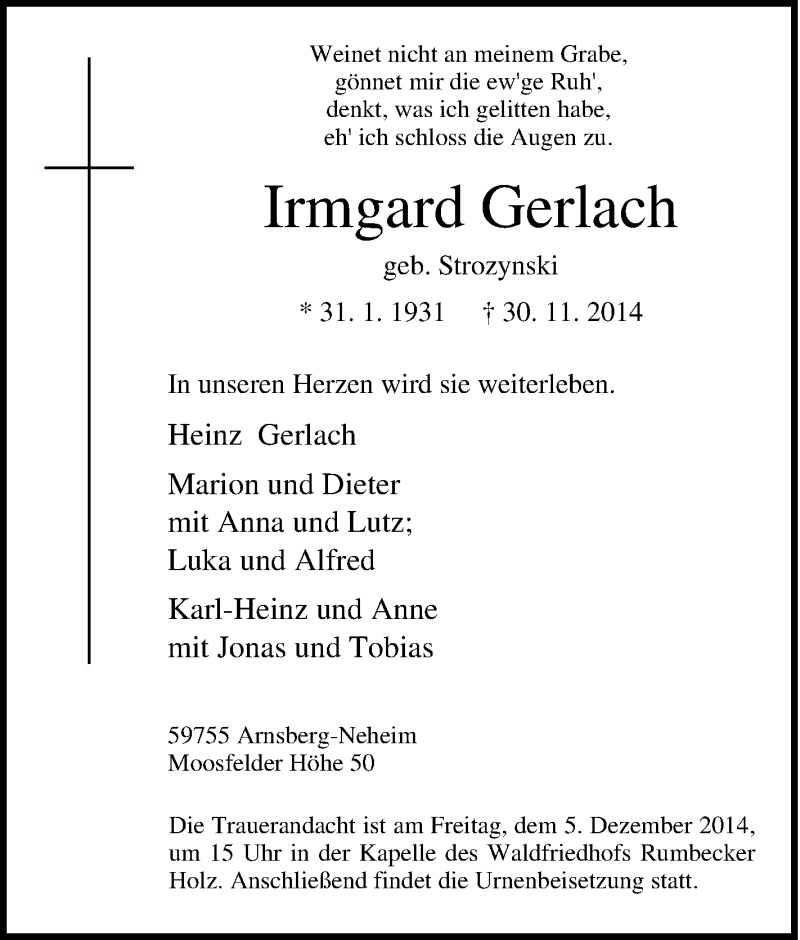 Traueranzeigen Von Irmgard Gerlach Trauer In NRW De