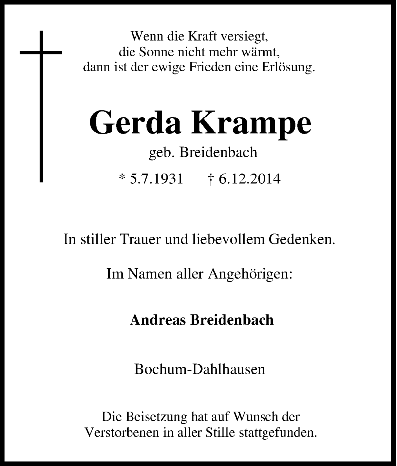 Traueranzeigen Von Gerda Krampe Trauer In NRW De