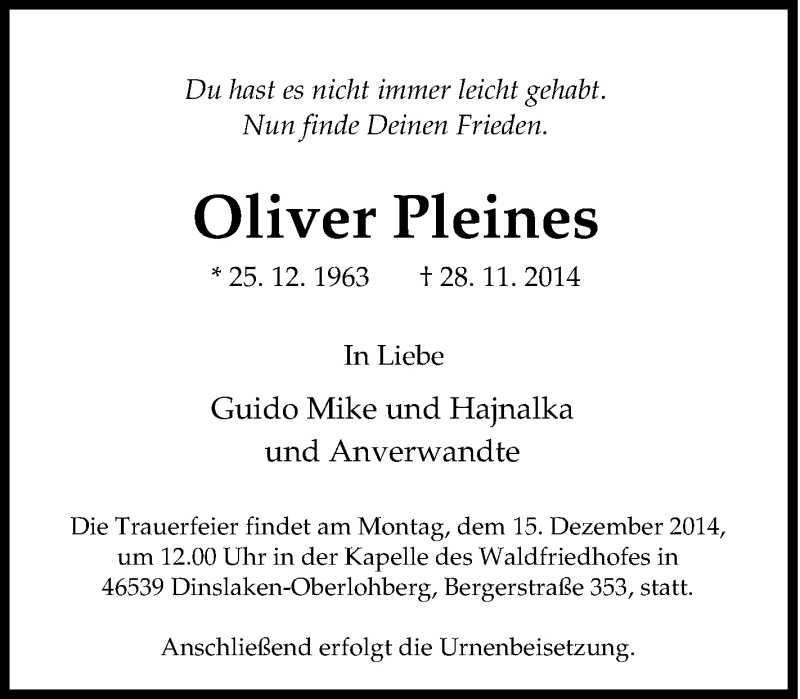 Traueranzeigen Von Oliver Pleines Trauer In NRW De